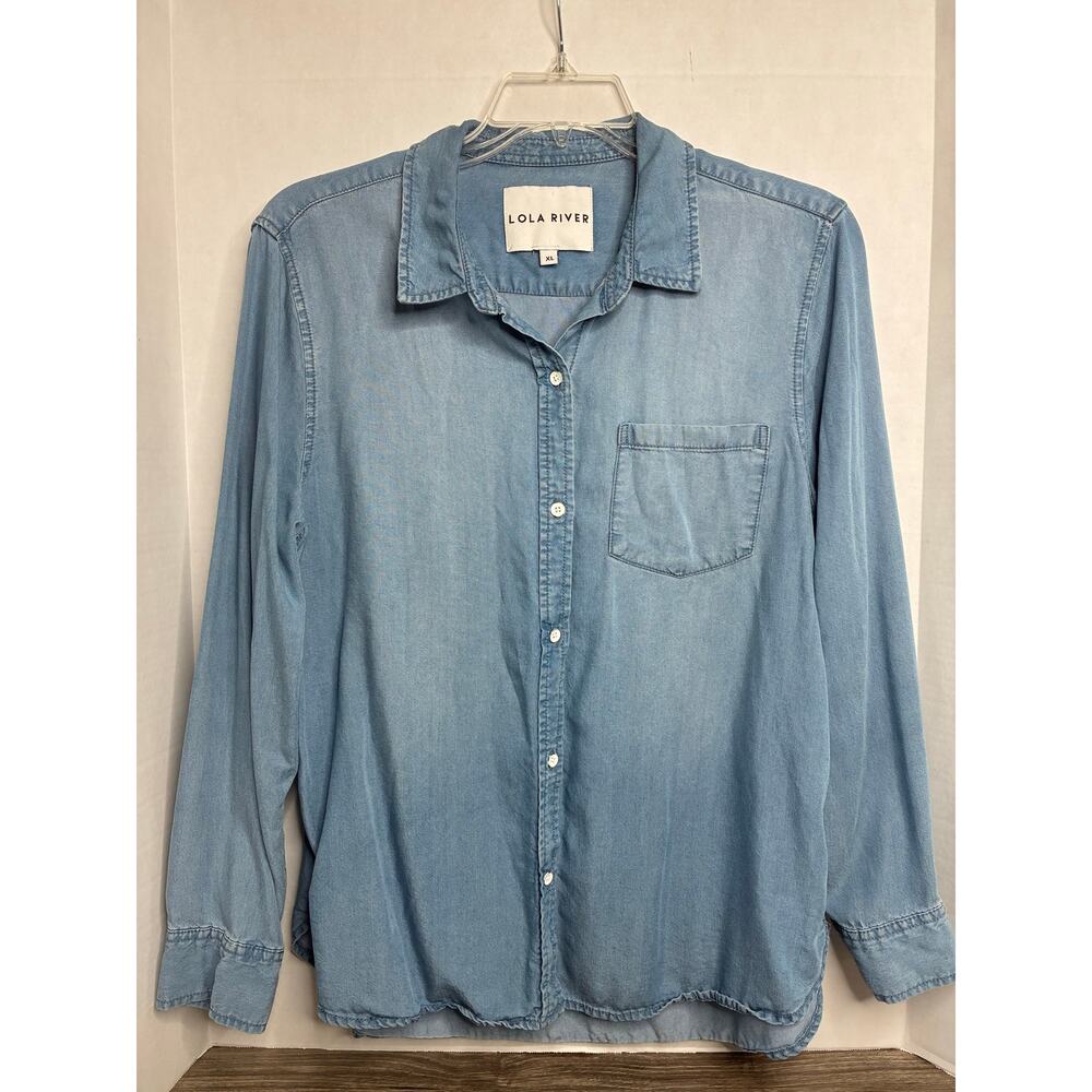 Lola River Shirt Women's XL Denim Long Sleeve Pocket Top Lyocell Cowgirl